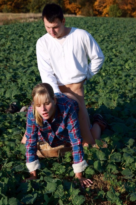 Blonde girl and her boyfriend have sex in a crop field away from prying eyes