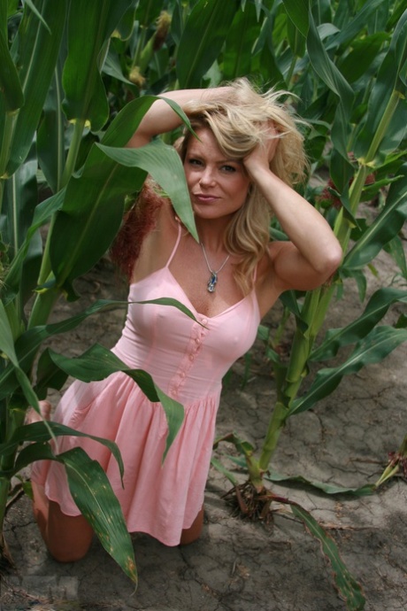 Sexy female Meet Madden covers up her naked body in a cornfield