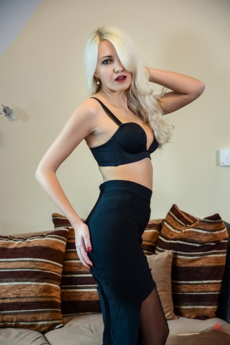 Hot blonde Helena Moeller is stripped to nylons before cunnilingus and sex