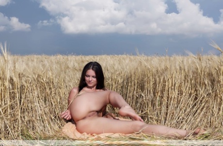 Beautiful teen Sonya D poses totally nude in a field of wheat