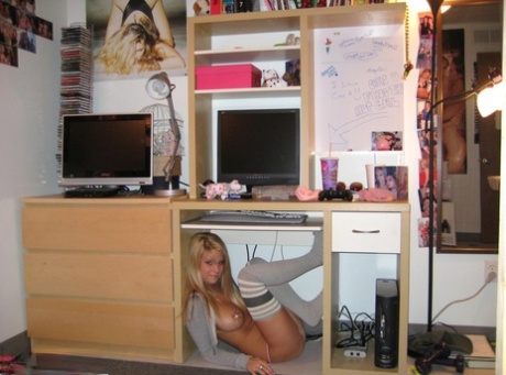 Blonde coed shows her big naturals while wearing thigh high socks