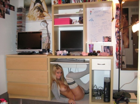 Blonde coed shows her big naturals while wearing thigh high socks