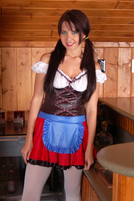 First timer Chrissy doffs her Bavarian beer serving outfit in white stockings