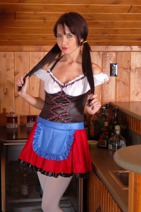 First timer Chrissy doffs her Bavarian beer serving outfit in white stockings