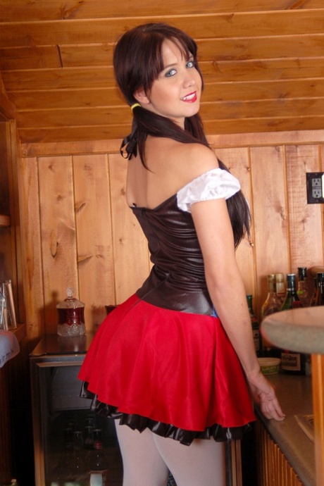 First timer Chrissy doffs her Bavarian beer serving outfit in white stockings