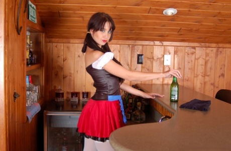 First timer Chrissy doffs her Bavarian beer serving outfit in white stockings