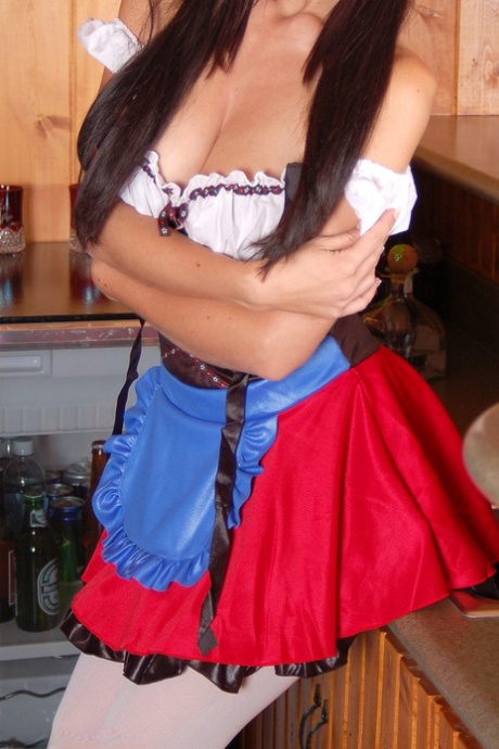 First timer Chrissy doffs her Bavarian beer serving outfit in white stockings