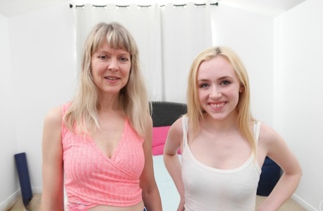Young blonde and her mother remove their clothes while giving a handjob