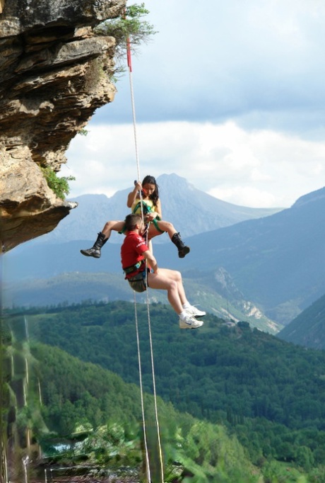 Hot Asian mountain climber sucks her guide's hard to get rescued