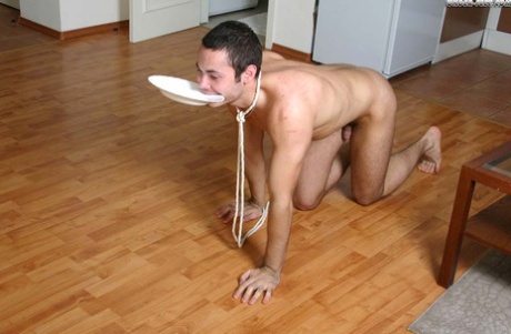 Blonde women use a naked boy like a dog and as a human ashtray too