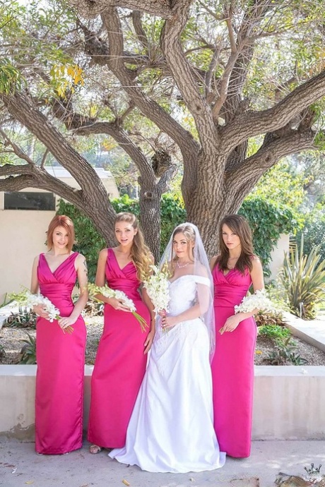 Lesbian girls in bridesmaids uniform flash hot ass in nude upskirt in the park
