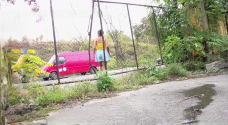 Short taken girl Chloe Lamour takes a badly needed piss on a patch of pavement