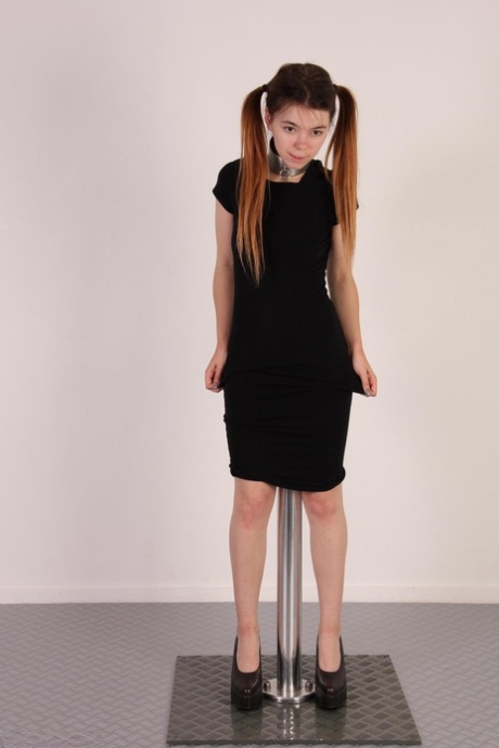 Collared teen Lina Roselina impales her pussy on an adjustable dildo stand