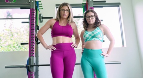Cory Chase & Leana Lovings extend their tongues after getting naked at a gym