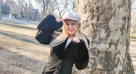 Blonde teen Melody Marks flashes in a public setting before MMF sex