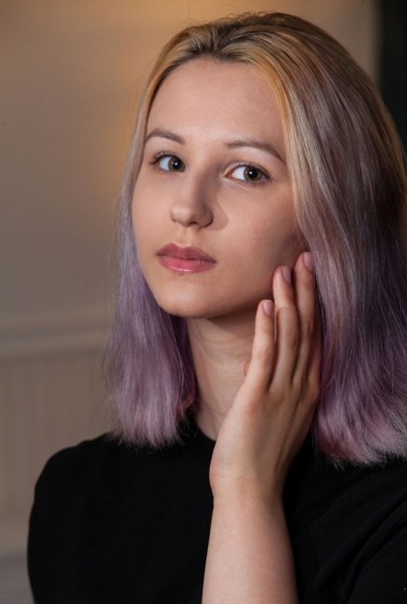 Platinum blonde teen Spice discards black lingerie to go bare naked