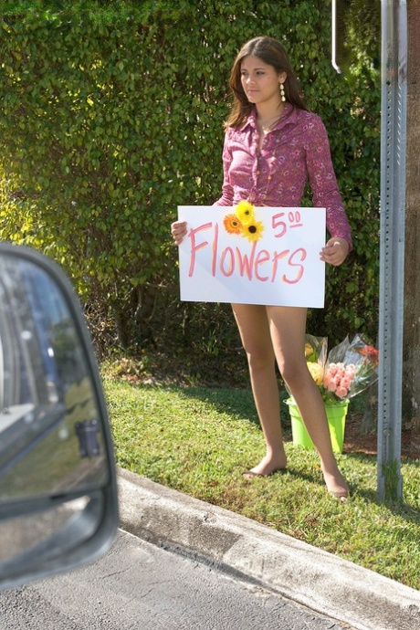 Pretty girl Sofie Perez gets naked on a leather sofa after selling flowers