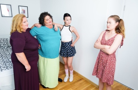 Obese old women have a lesbian foursome with slim young girls on a bed