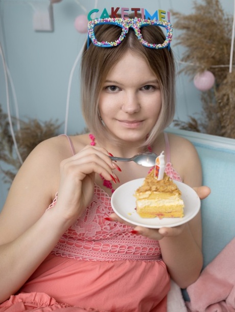 Charming young girl Pat gets totally naked after eating birthday cake
