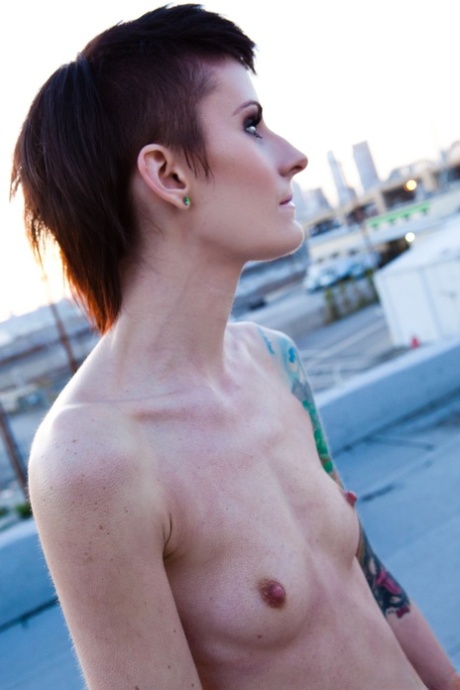 Skinny alt babe with tattooed body exposing tiny tits outdoors on rooftop
