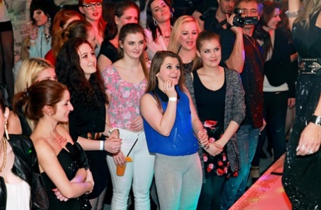 Slutty friends get drunk at the club and suck cock in hot CFNM party action