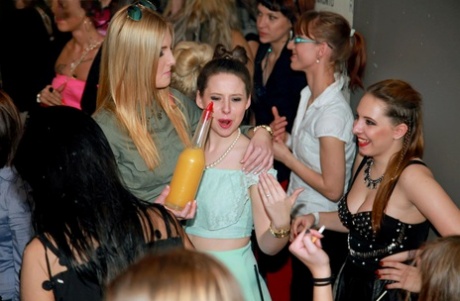 Slutty friends get drunk at the club and suck cock in hot CFNM party action