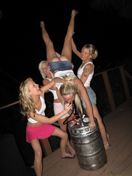 Lesbian teen babes stripping outdoor at the party to show pussy