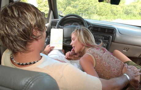 Blonde hitchhiker Tiffany Rousso blows the driver to ejaculation for the ride