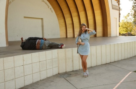 Shameless Russian teen Tatiana Penskaya flashes her panties & ass in public