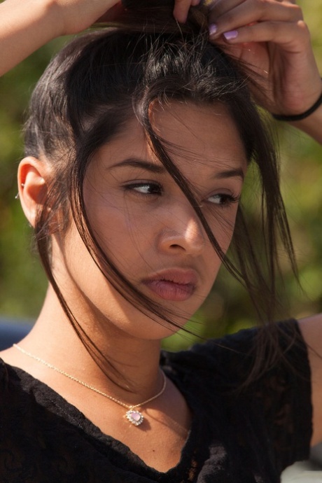Latina girlfriend Yesenia Corral flashes her tiny tits outdoors & strips nude