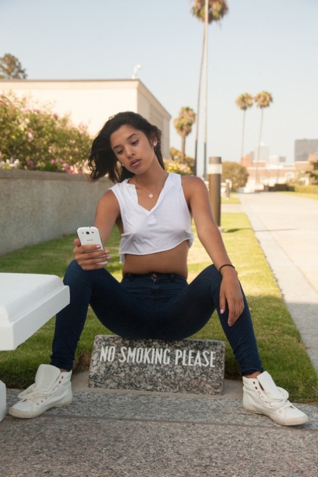 Latina girlfriend Yesenia Corral flashes her tiny tits outdoors & strips nude