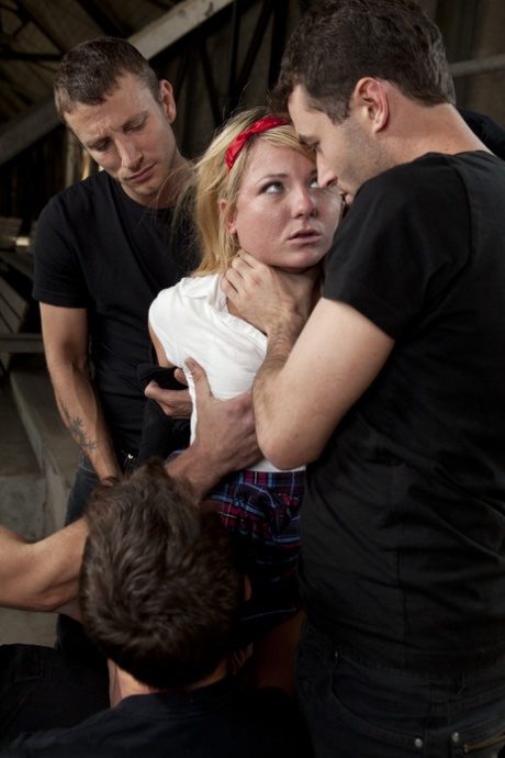 American schoolgirl Casey Cumz getting spit roasted in a wild BDSM gangbang