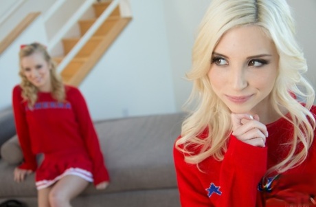Adorable blonde teen cheerleaders peel uniforms to enjoy hot stepsister sex