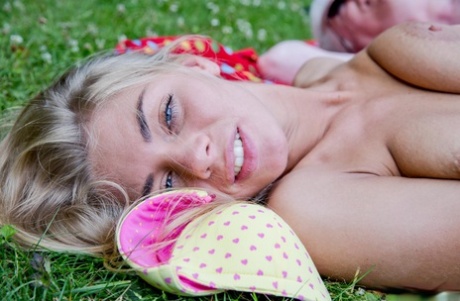 Beautiful young blonde Lolly Gartner bangs her sugar daddy in the backyard