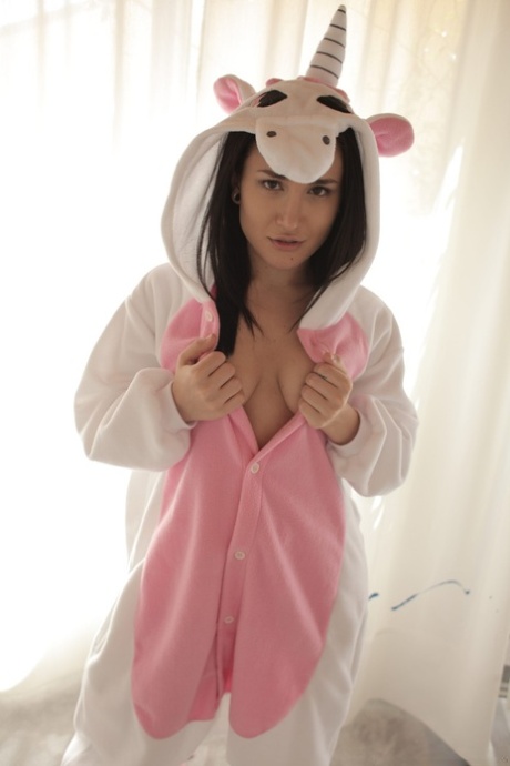 Petite brunette chick Gabriella Paltrova reveals her natural boobs and big ass