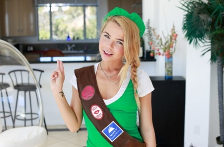 Cute teen scout Alina West sheds uniform & gets drilled when selling cookies