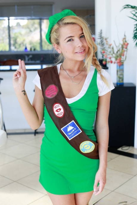 Cute teen scout Alina West sheds uniform & gets drilled when selling cookies