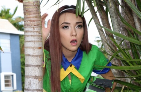 Petite long haired teen in uniform Kiley Jay taking long dong inside her pussy