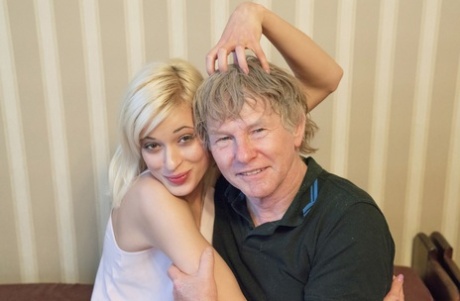 Platinum blonde teen Ria Sunn gets fucked by a senior and sucks his tiny cock