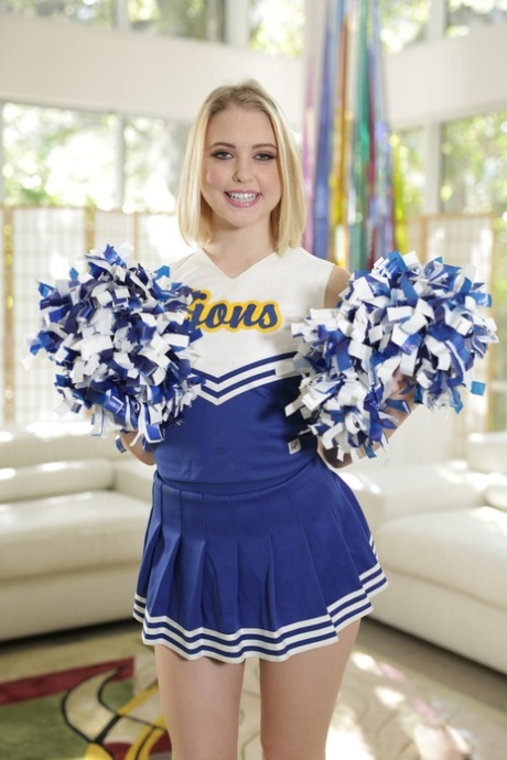 Blonde cheerleader Chloe Cherry fingering her little hairy pussy