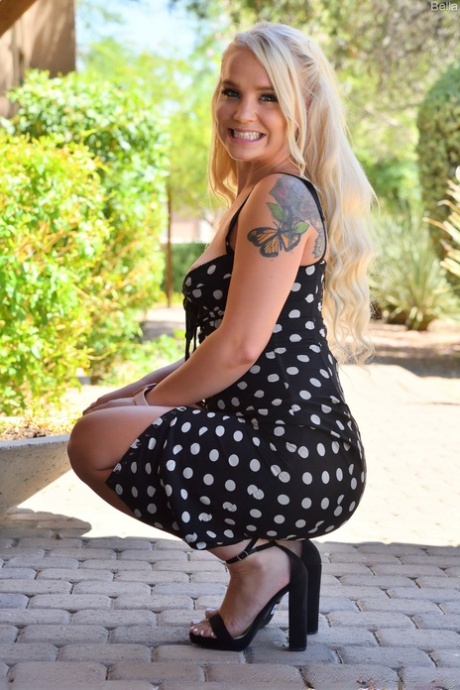 Blonde MILF Bella flashes her pussy in public & masturbates at home