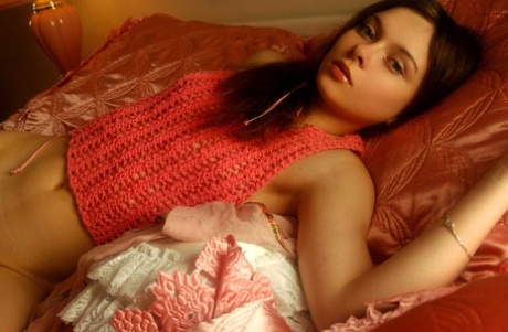 Delightful brunette teen Anna S teases with her hairy pussy and small tits
