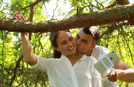 Petite teen with tiny tits Jenny Fer spreads her legs & gets banged in nature