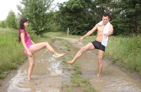 Naughty brunette teen Tamara F & her BF have hardcore sex outdoors
