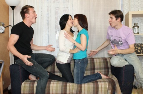 Brunette teens Dasha & Evelyn Cage get swapped, fucked & facialed in a 4some