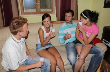 Filthy amateur teens Alena and Amanda get rammed in doggystyle in a 4some