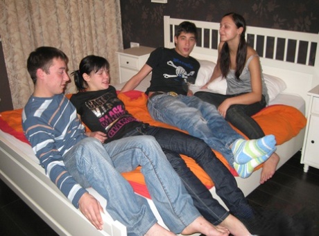 Skinny teens Karina & Misha have a wild foursome with their boyfriends