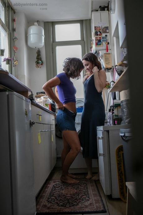 Petite babes with fat asses Sienna G & Tilly B dressing in the narrow kitchen