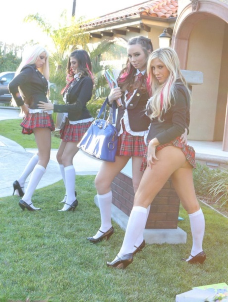Busty blonde schoolgirl Tasha Reign and her friends strip and pose together