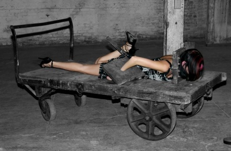 Submissive brunette Kayden Faye gets bound with straps and put in the stocks